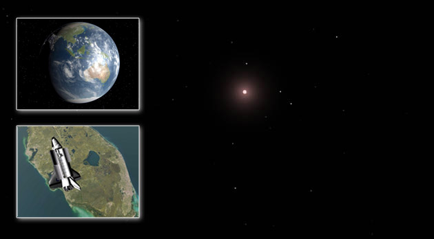 דער הימל אַרום דער פּלאַנעט ״Gliese 581d״ אין דער פּראָגראַם ״Celestia״. לויטן חשבון פֿון די וויסנשאַפֿטלער, קאָן דער מצבֿ דאָרטן זײַן גענוג ענלעך צו אונדזער ערד. אין פֿאַרגלײַך מיט אונדז, איז די זון דאָרטן אַ רויטלעכע.